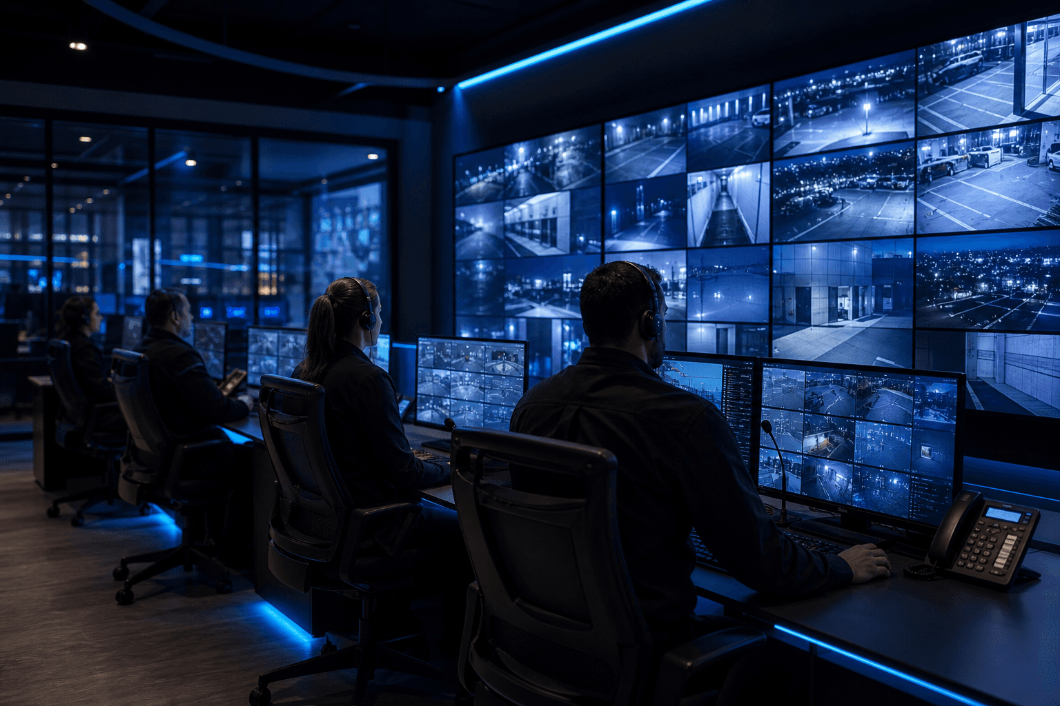 24/7 monitoring workstation reviewing alarm alerts and escalation steps